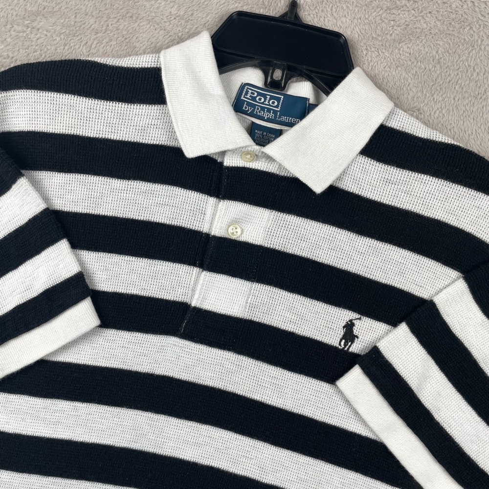 Polo Ralph Lauren Shirt Men Small Black White Striped Waffle Knit Preppy READ